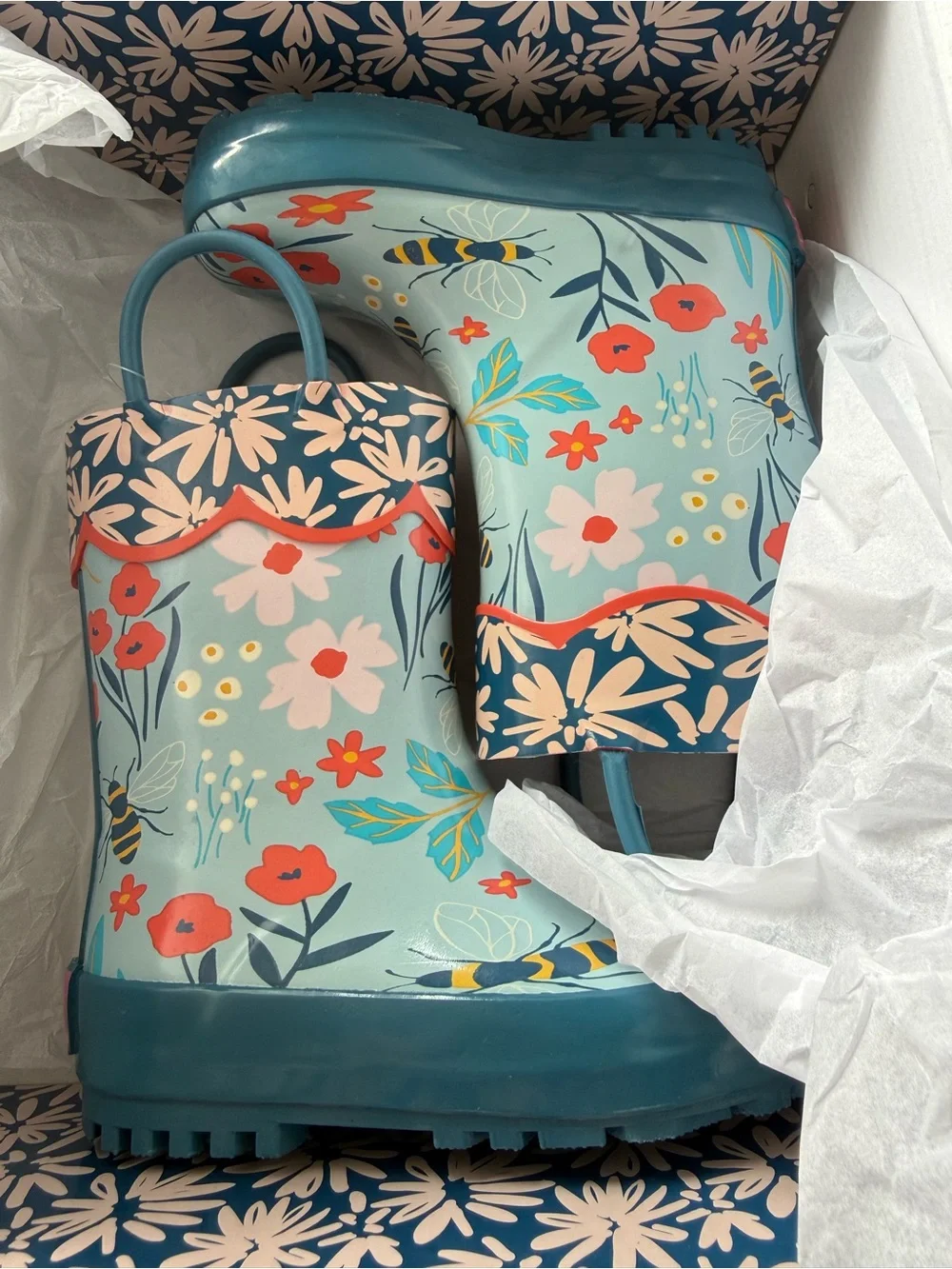 Stephen Joseph Floral & Bee Rainboots Light Blue Cherry Size US 6 EU 23 New